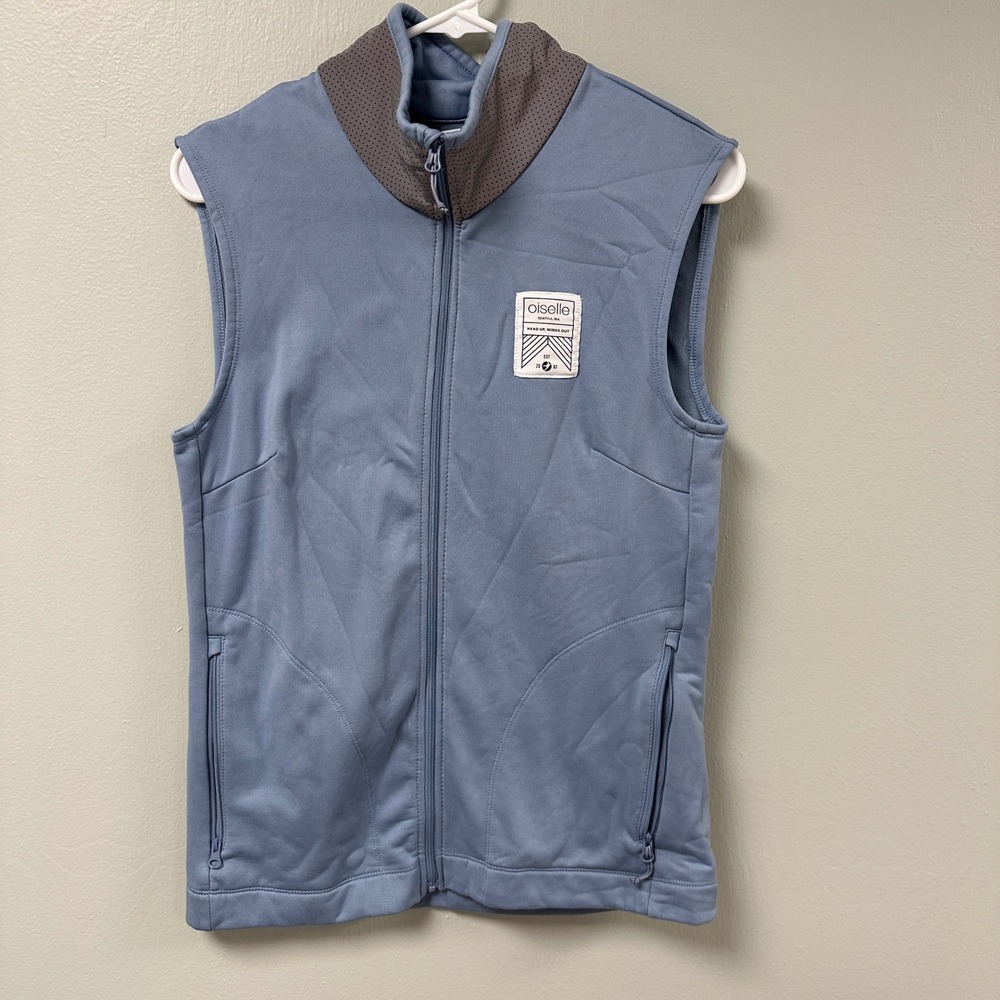 Oiselle Womens Full Zip Running Vest Blue‎ Grey Mock Neck Fleece Lined Large